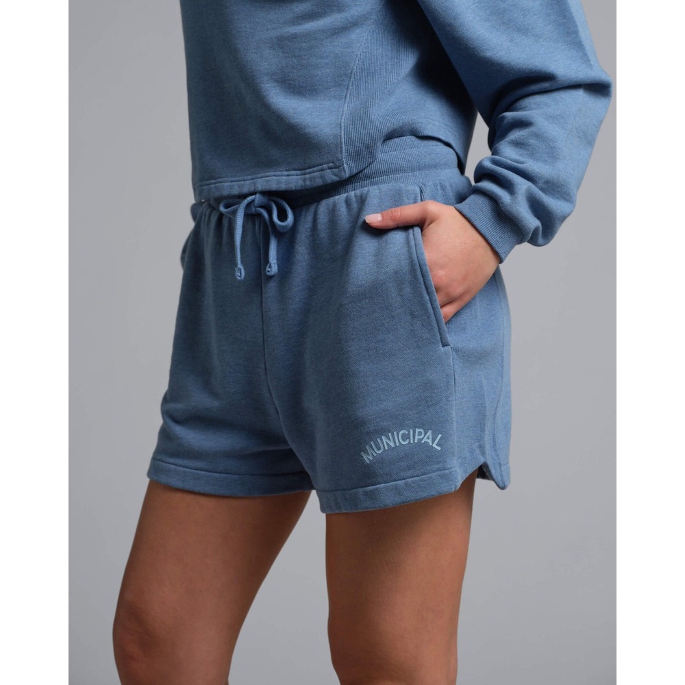 NWT Municipal Women Hang Back Fleece Short Denim‎ Blue Size S NEW